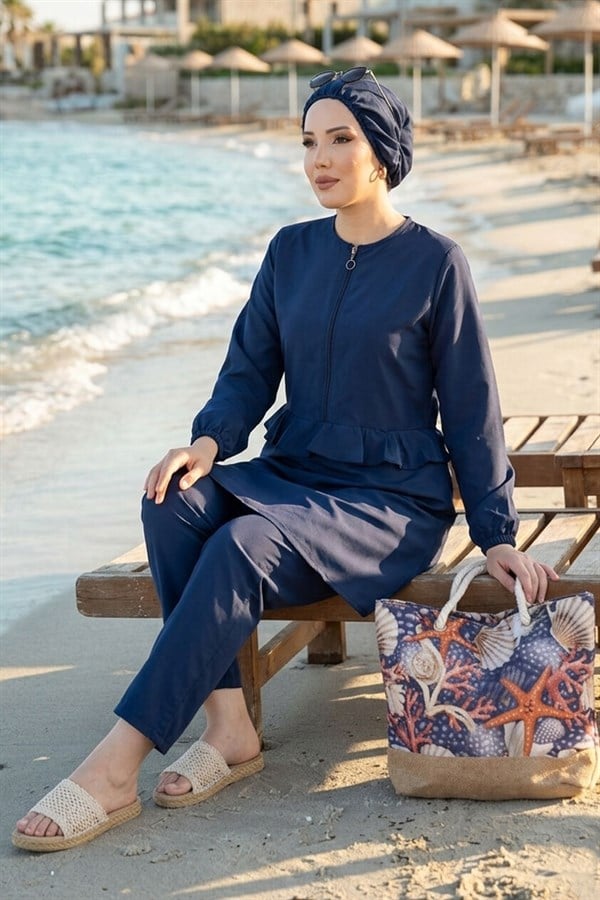Navy Blue 3 Piece Set Swimsuit Burkini Set with Ruffled Waist and Front Zipper Detail