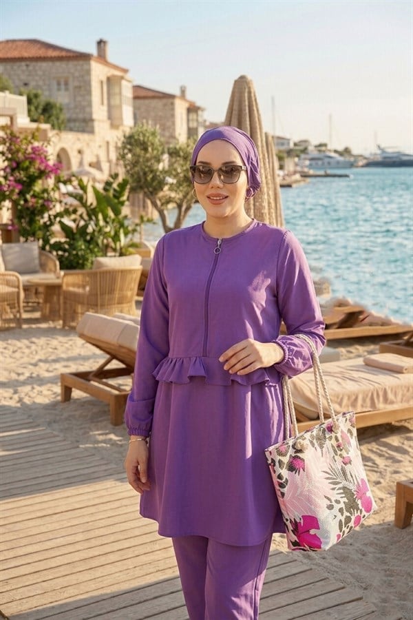 3 Piece Set Swimsuit Burkini Set with Ruffled Waist and Front Zipper Detail, Lilac