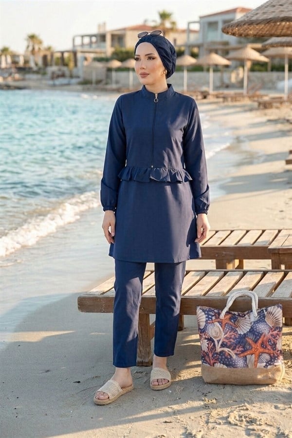 Navy Blue 3 Piece Set Swimsuit Burkini Set with Ruffled Waist and Front Zipper Detail