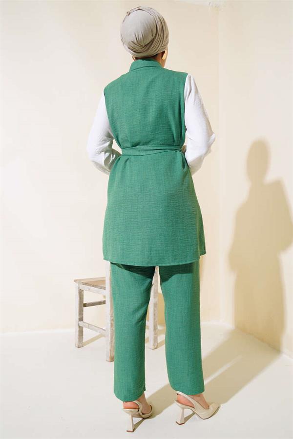 Waist Belted Garnished 2 Piece Set Green