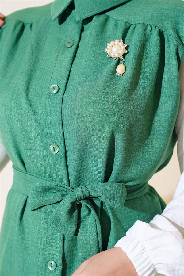 Waist Belted Garnished 2 Piece Set Green