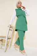 Waist Belted Garnished 2 Piece Set Green