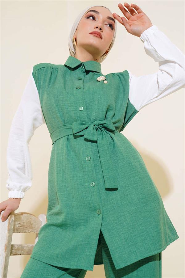 Waist Belted Garnished 2 Piece Set Green