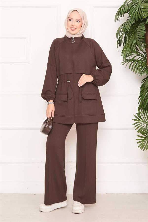 Adjustable Waist Pocket Detailed Hijab 2 Piece Set Brown
