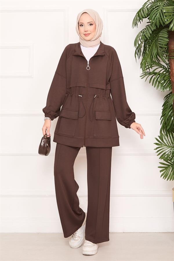 Adjustable Waist Pocket Detailed Hijab 2 Piece Set Brown