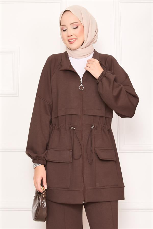 Adjustable Waist Pocket Detailed Hijab 2 Piece Set Brown