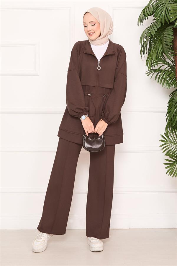 Adjustable Waist Pocket Detailed Hijab 2 Piece Set Brown