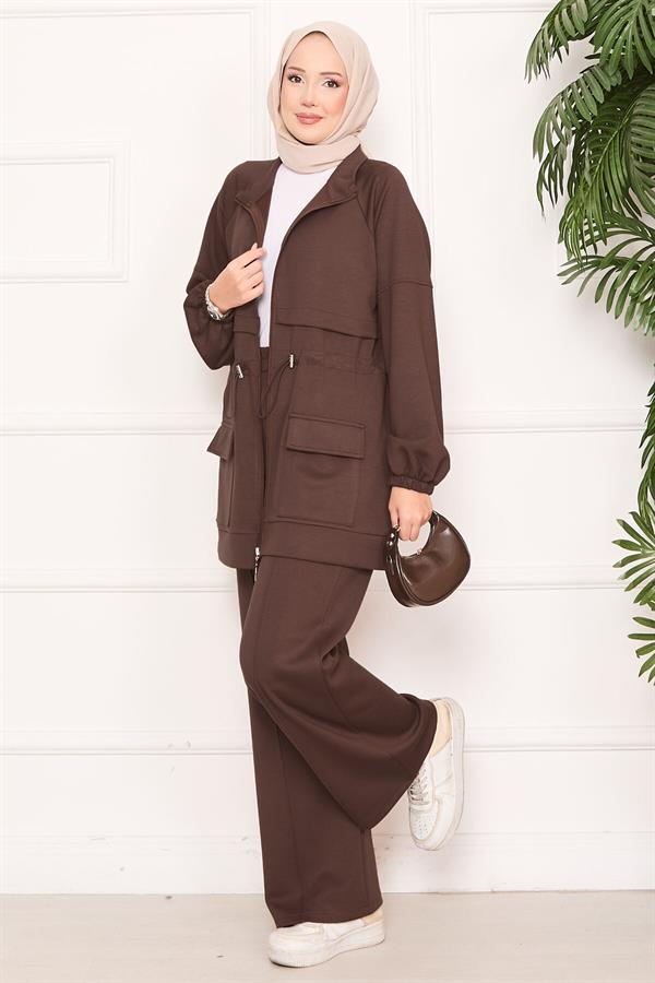 Adjustable Waist Pocket Detailed Hijab 2 Piece Set Brown