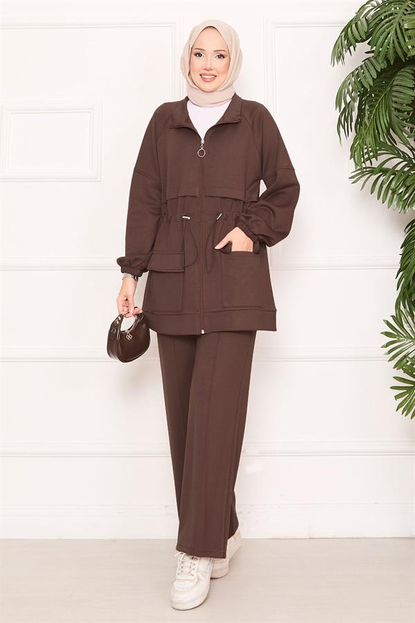 Adjustable Waist Pocket Detailed Hijab 2 Piece Set Brown