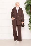Adjustable Waist Pocket Detailed Hijab 2 Piece Set Brown