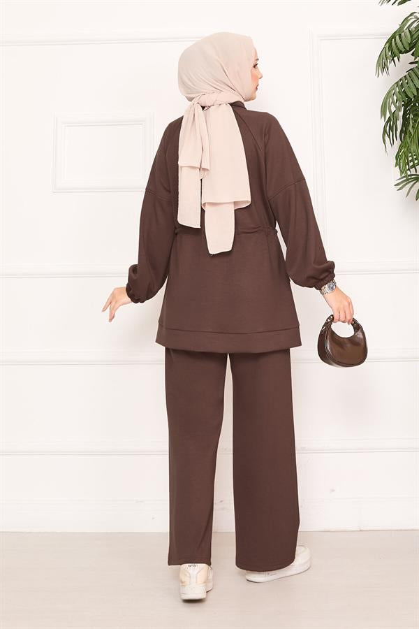 Adjustable Waist Pocket Detailed Hijab 2 Piece Set Brown