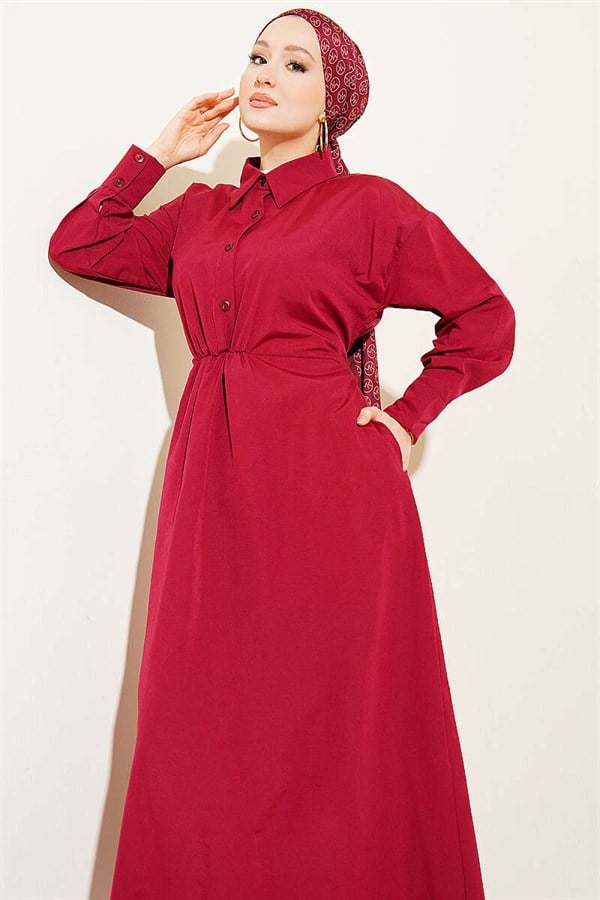 Burgundy Terry Cotton Dress with Belt