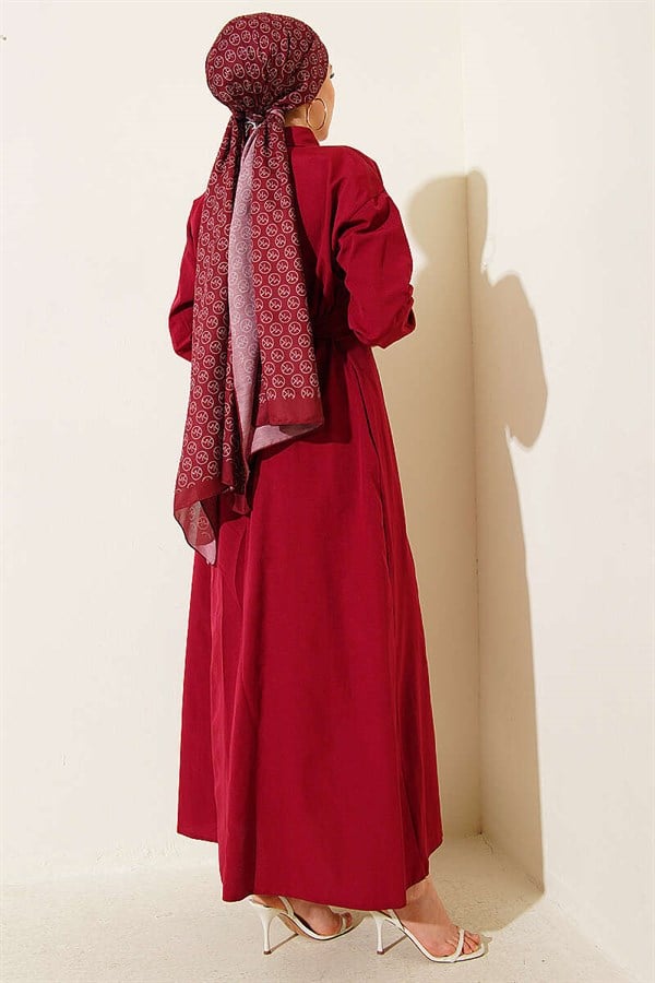 Burgundy Terry Cotton Dress with Belt
