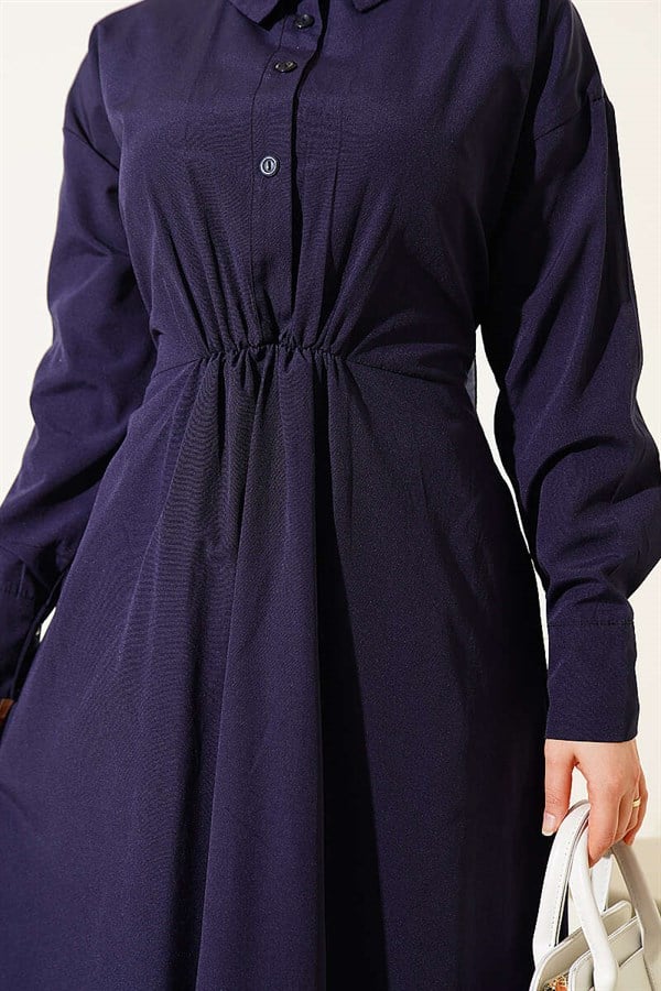 Navy Blue Terry Cotton Dress with Belt