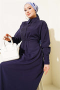 Navy Blue Terry Cotton Dress with Belt