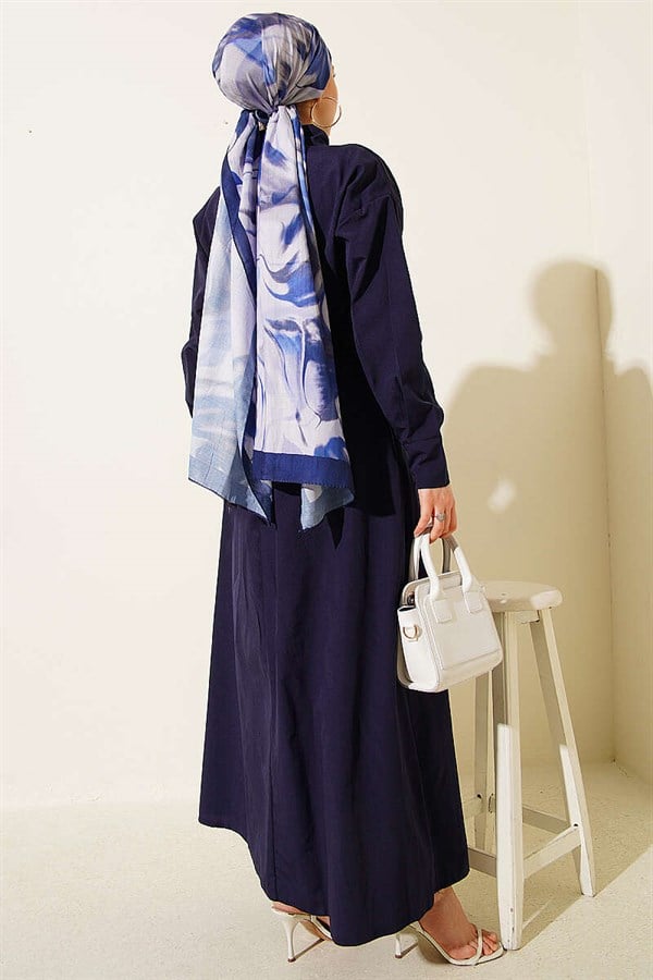 Navy Blue Terry Cotton Dress with Belt