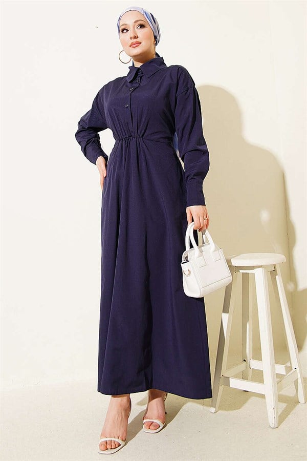 Navy Blue Terry Cotton Dress with Belt