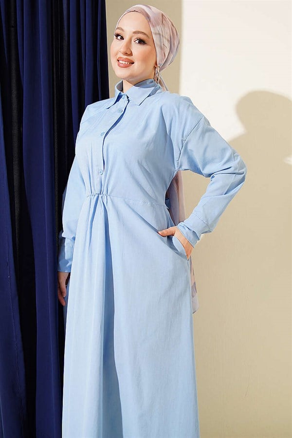 Blue Terry Cotton Dress with Belt