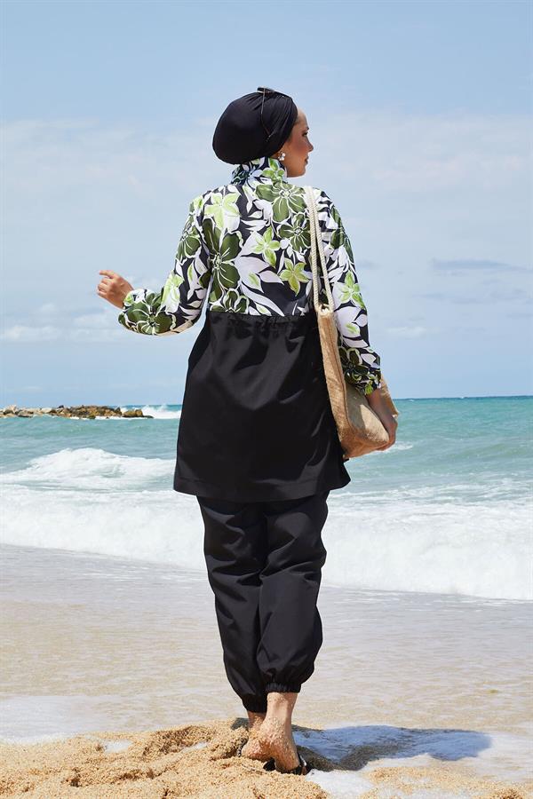 Floral Patterned Hijab Swimsuit with Pleated Waist and Khaki
