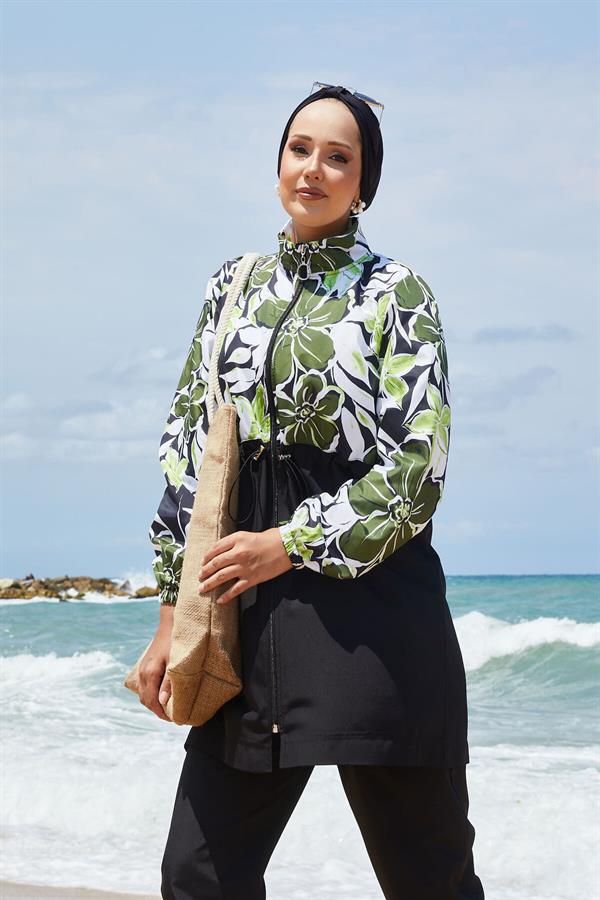Floral Patterned Hijab Swimsuit with Pleated Waist and Khaki