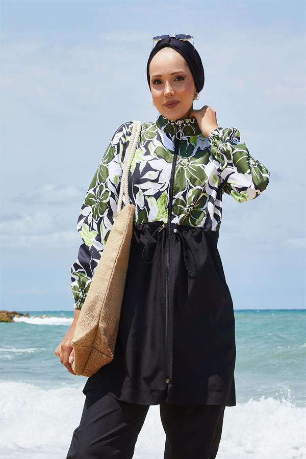 Floral Patterned Hijab Swimsuit with Pleated Waist and Khaki