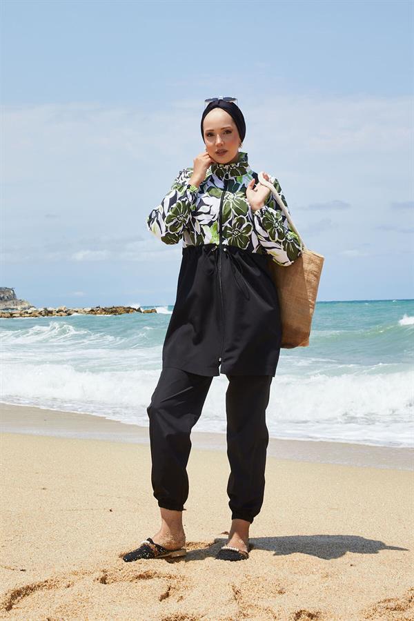 Floral Patterned Hijab Swimsuit with Pleated Waist and Khaki