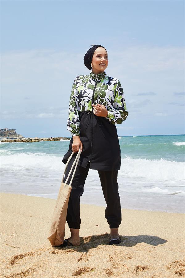 Floral Patterned Hijab Swimsuit with Pleated Waist and Khaki