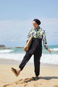 Floral Patterned Hijab Swimsuit with Pleated Waist and Khaki