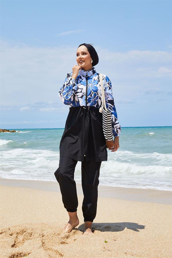 Floral Patterned Modest Swimsuit with Pleated Waist indigo