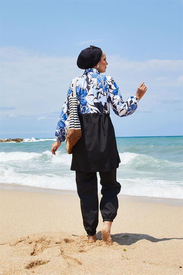 Floral Patterned Modest Swimsuit with Pleated Waist indigo