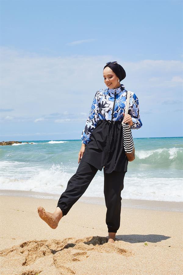 Floral Patterned Modest Swimsuit with Pleated Waist indigo