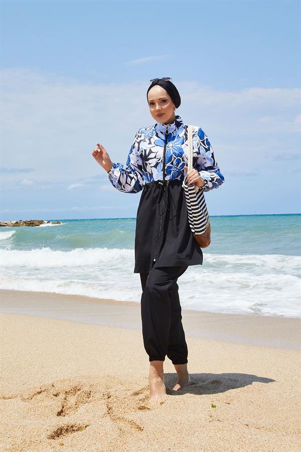 Floral Patterned Modest Swimsuit with Pleated Waist indigo