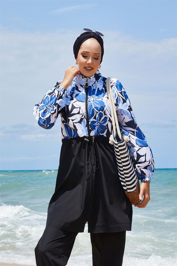 Floral Patterned Modest Swimsuit with Pleated Waist indigo