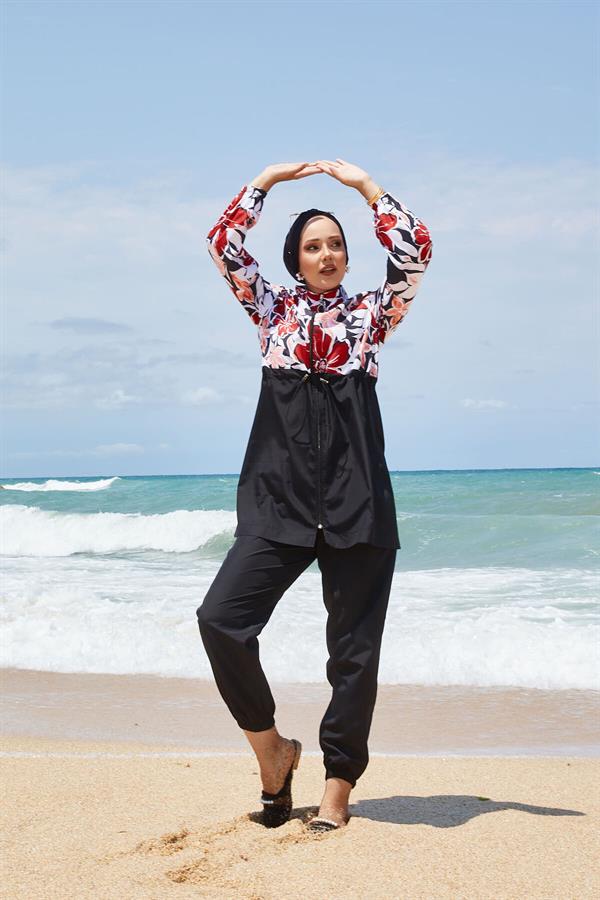 Floral Patterned Hijab Swimsuit with Pleated Waist and Red