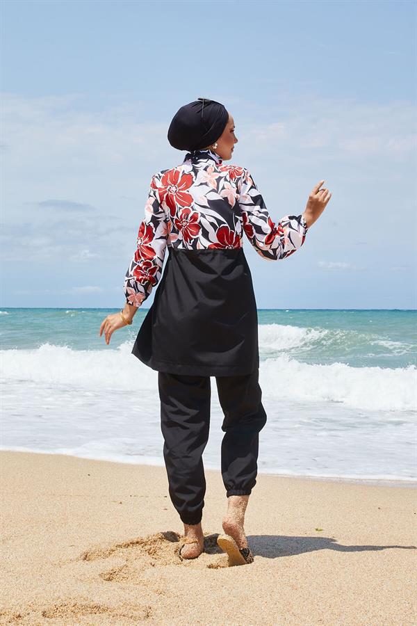 Floral Patterned Hijab Swimsuit with Pleated Waist and Red