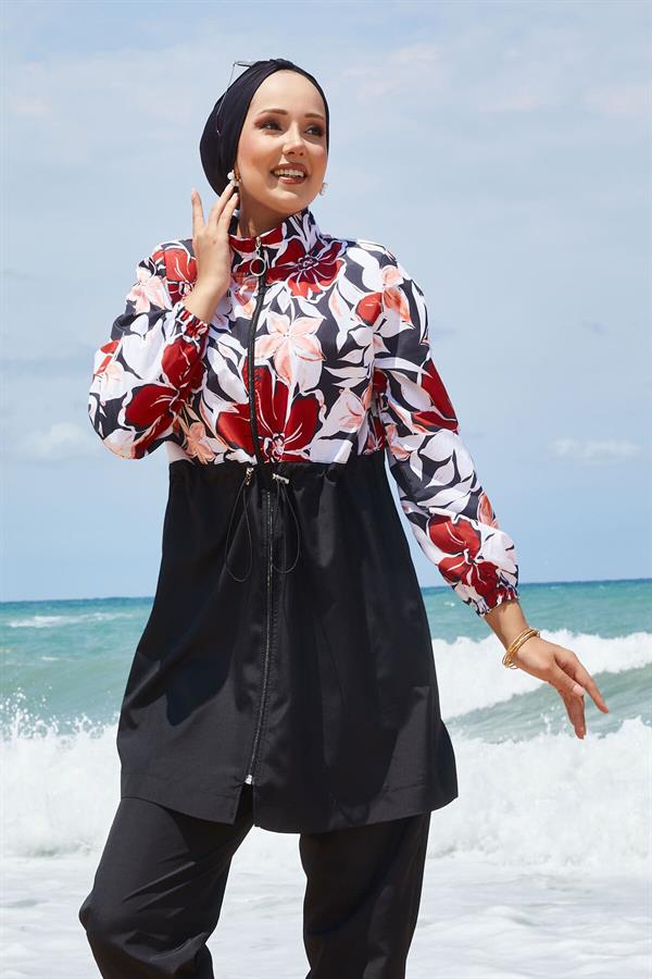 Floral Patterned Hijab Swimsuit with Pleated Waist and Red