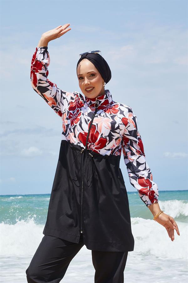 Floral Patterned Hijab Swimsuit with Pleated Waist and Red