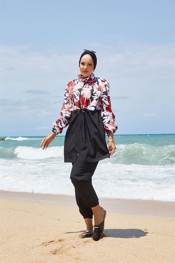 Floral Patterned Hijab Swimsuit with Pleated Waist and Red