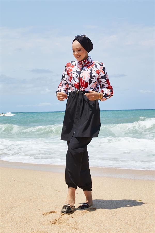 Floral Patterned Hijab Swimsuit with Pleated Waist and Red