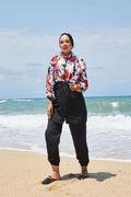 Floral Patterned Hijab Swimsuit with Pleated Waist and Red