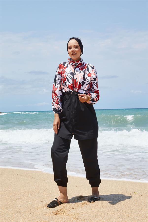 Floral Patterned Hijab Swimsuit with Pleated Waist and Red