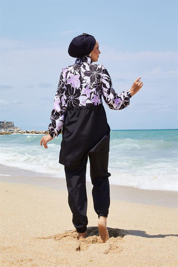 Floral Patterned Modest Swimsuit with Pleated Waist, Lilac