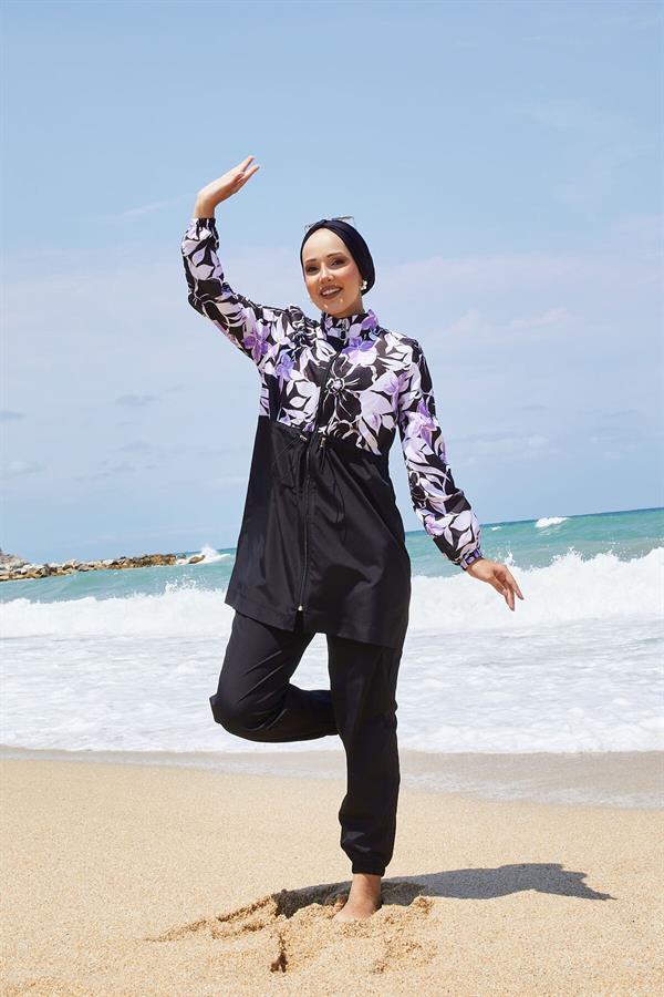 Floral Patterned Modest Swimsuit with Pleated Waist, Lilac