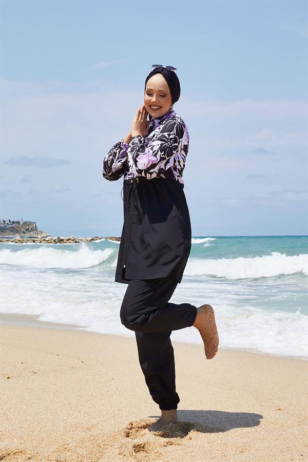 Floral Patterned Modest Swimsuit with Pleated Waist, Lilac