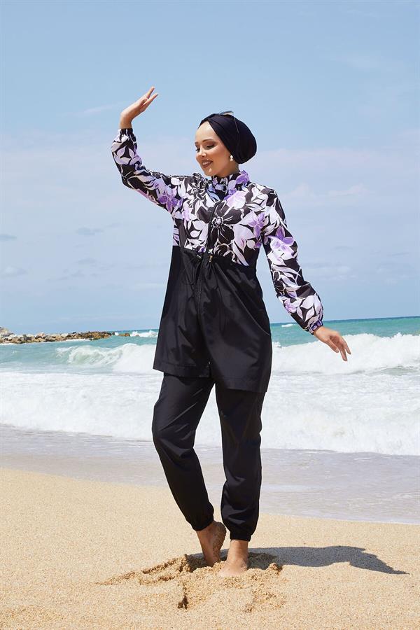 Floral Patterned Modest Swimsuit with Pleated Waist, Lilac