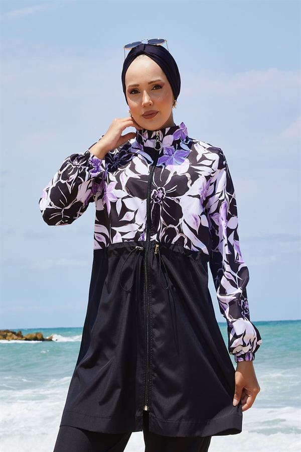 Floral Patterned Modest Swimsuit with Pleated Waist, Lilac