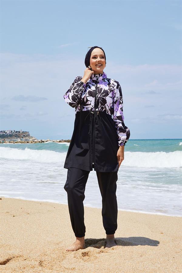 Floral Patterned Modest Swimsuit with Pleated Waist, Lilac