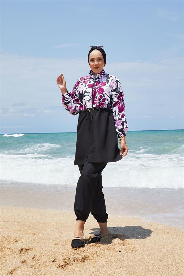 Floral Patterned Modest Swimsuit with Pleated Waist and Purple