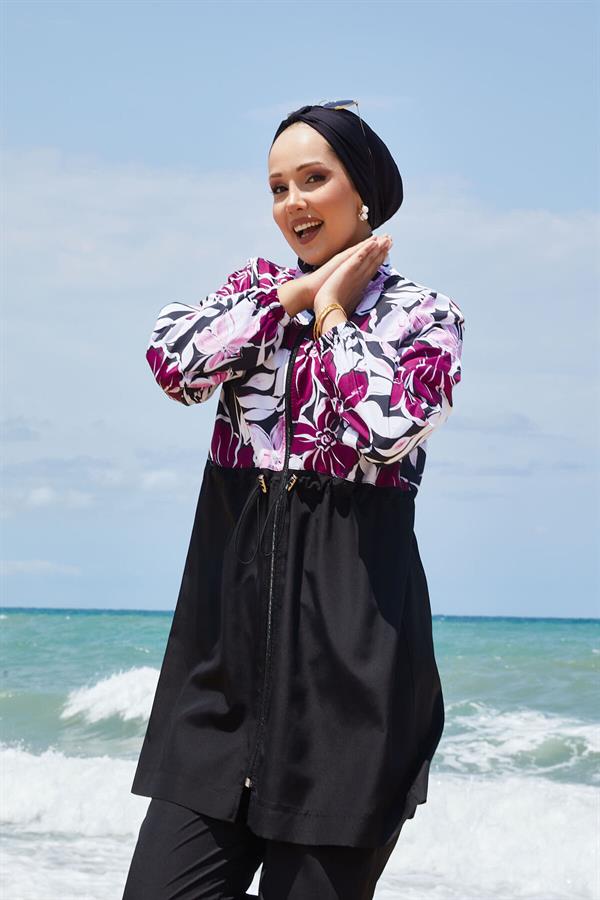 Floral Patterned Modest Swimsuit with Pleated Waist and Purple