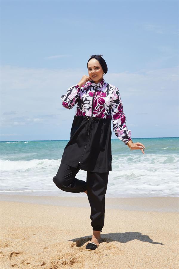 Floral Patterned Modest Swimsuit with Pleated Waist and Purple